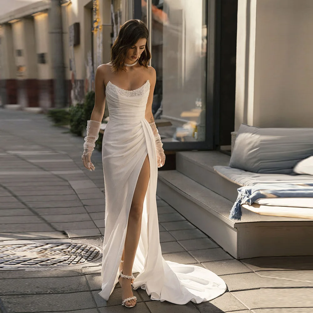 

Customized Boho Off-Shoulder Sequins Pleated Sheath Side Split Wedding Dress Backless Beading Wedding Gown Train