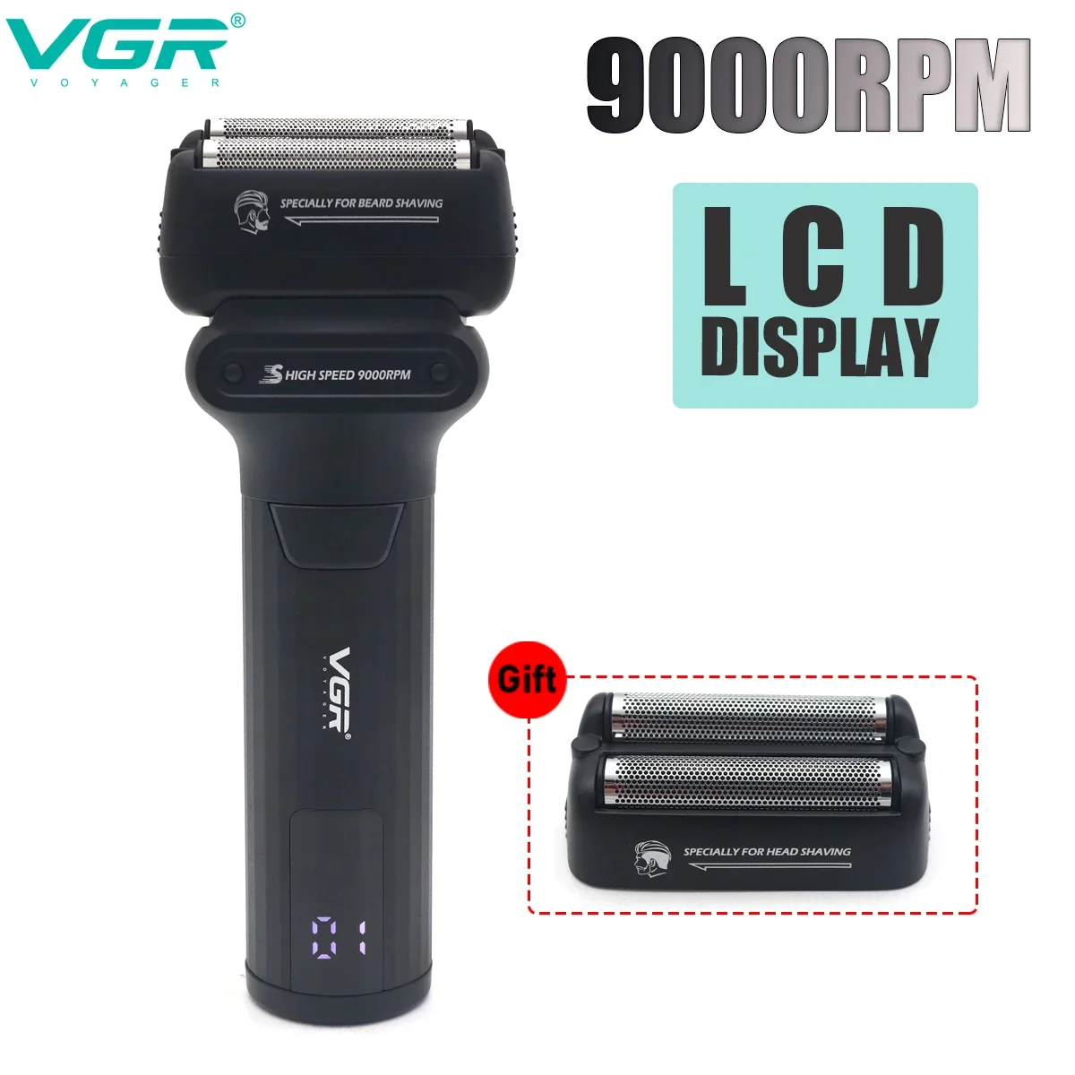 VGR V368 メンズ電気シェーバー ダブルフォイル 9000RPM LCDディスプレイ 1400mAh コードレス電気シェーバー プロ用シェーバー バリカン