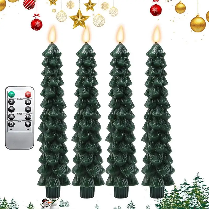 Christmas Flameless Candles Green Led Candlesticks with Timer Remote Christmas Led Candlestick Tree 3D Flickering Holiday Decor