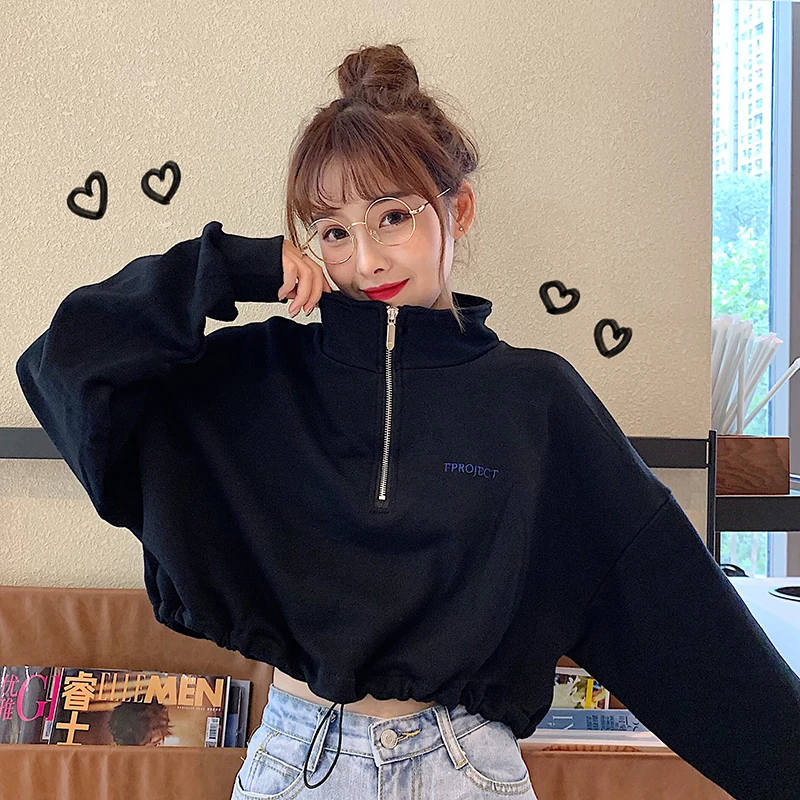 MEXZT Harajuku Hoodies Women Y2K Street Zipper Crop Sweatshirt Black Long Sleeve Loose Pullover Fashion Simple Elastic Waist Top