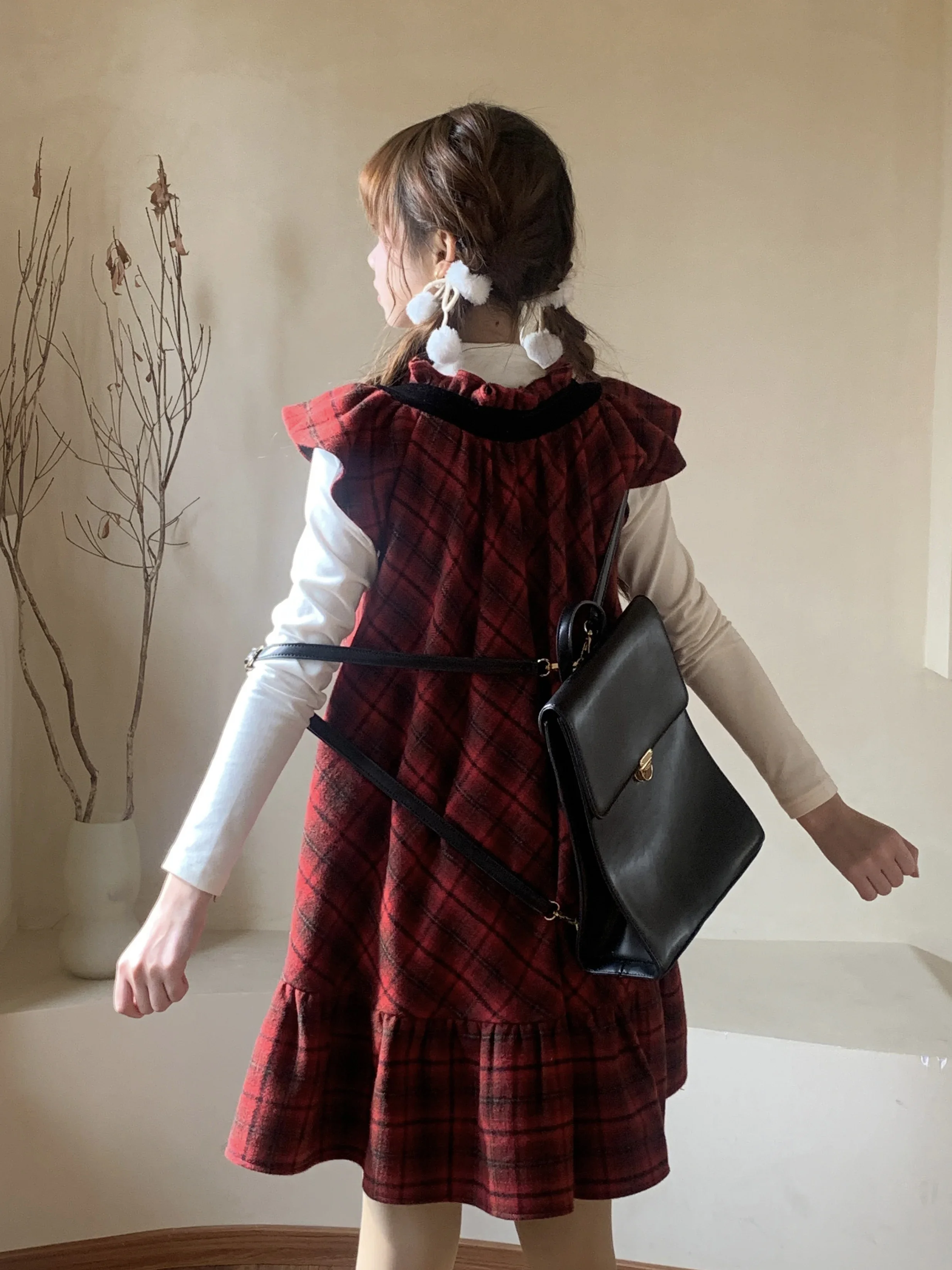 Coalfell Sweet Berry Cherry Red Checkered New Year's Robe Autumn/Winter Tank Top Skirt Round Neck Super Beautiful Dress