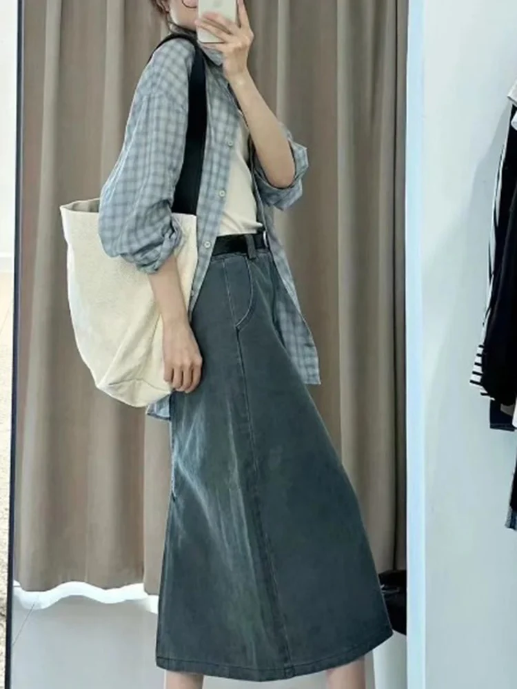 Cárdigan informal a cuadros azules para mujer, camisa holgada de manga larga, estilo coreano, protección solar, moda de verano