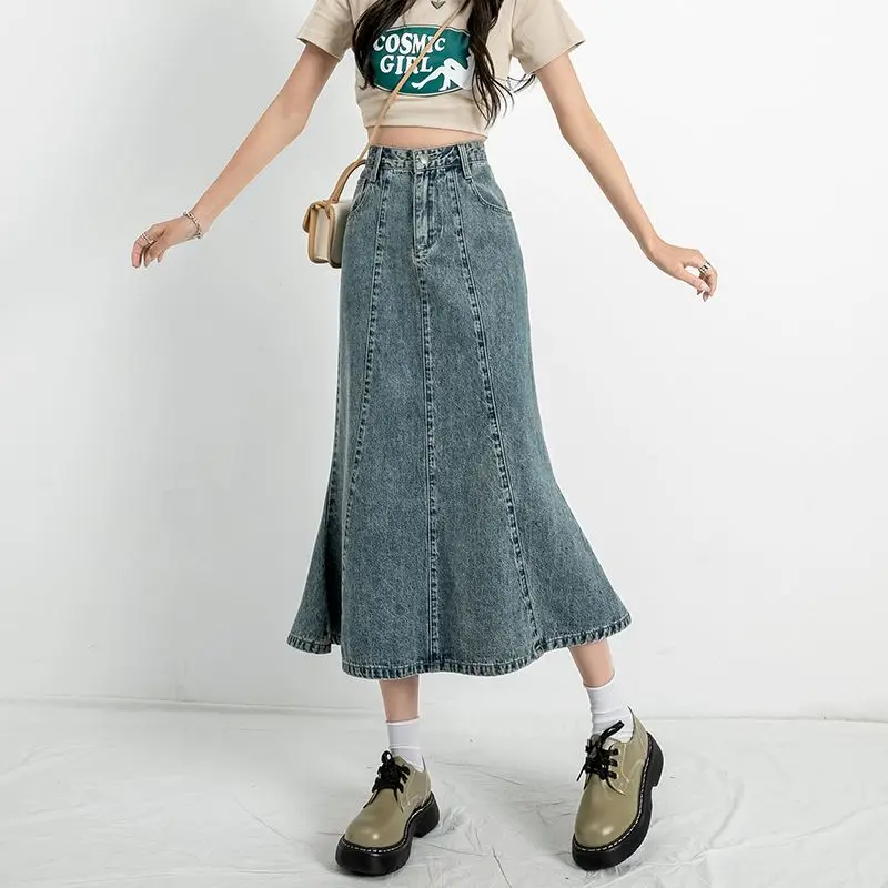 

New Arrival Women Summer Denim Maxi Fishtail Skirt High Waist Stretchy Long Skirt with Belt Loops Casual Vintage Blue Jean Dress