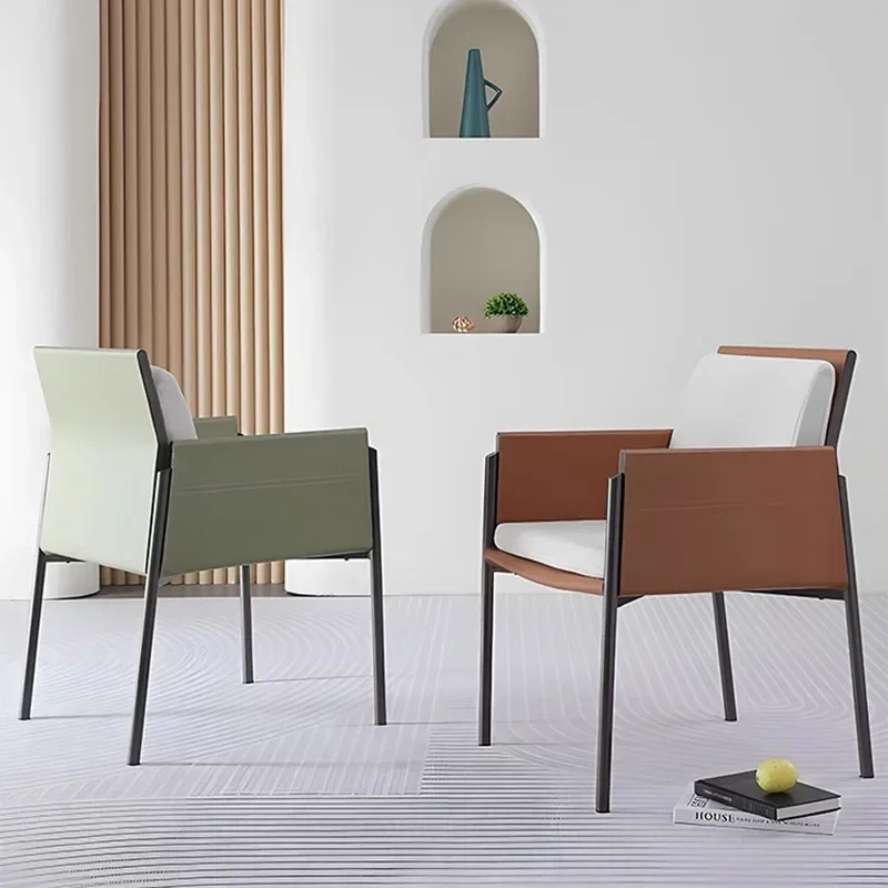 Unique Nordic Dining Chairs Metal Beige Leather Free Shipping Living Room Chairs Soft Comfort Silla Comedor Interior Furniture