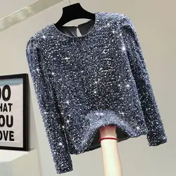 Autumn Winter Korean Versatile Round Neck Long Sleeve Gold Velvet Bottoming Shirt Heavy Industry Sequin Casual Straight T-shirt