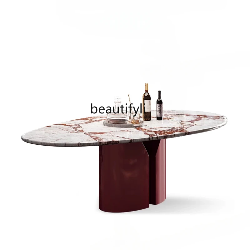 Imported natural marble dining table Water drop-shaped oval light luxury high-end red luxury stone dining table