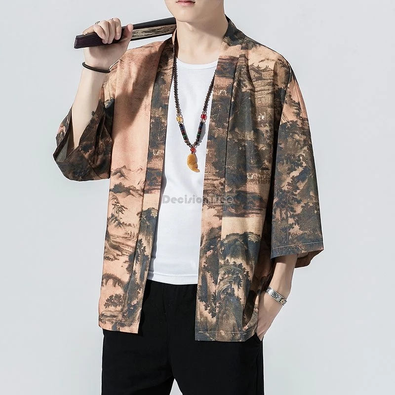 

2024 chinese ancient style men daily hanfu cardigan retro fairy printing taoist robe fashionable literature art tang suit coat