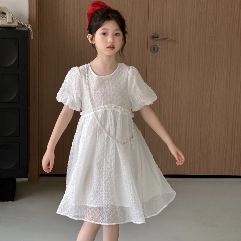 

Girls Summer Fluffy Dress Fashion Solid Color Kids Sweet Short Sleeved Princess Dress Children Clothing 2025 New