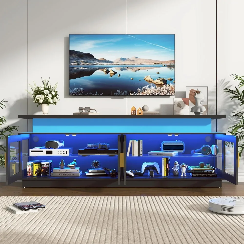 71" LED TV Stand with Power Outlet, Fits 85" TV, Modern High Gloss Gaming Entertainment Center with Glass Door and Storage