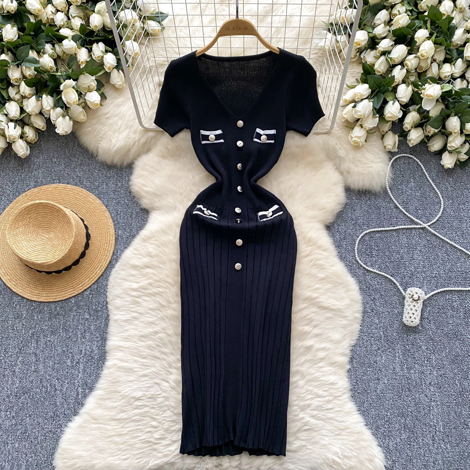 REALEFT 2025 New Summer Vintage Knitted Wrap Dresses Short Sleeve V-neck Buttons Patchwork Sheath Pencil Slim Dress for Womens
