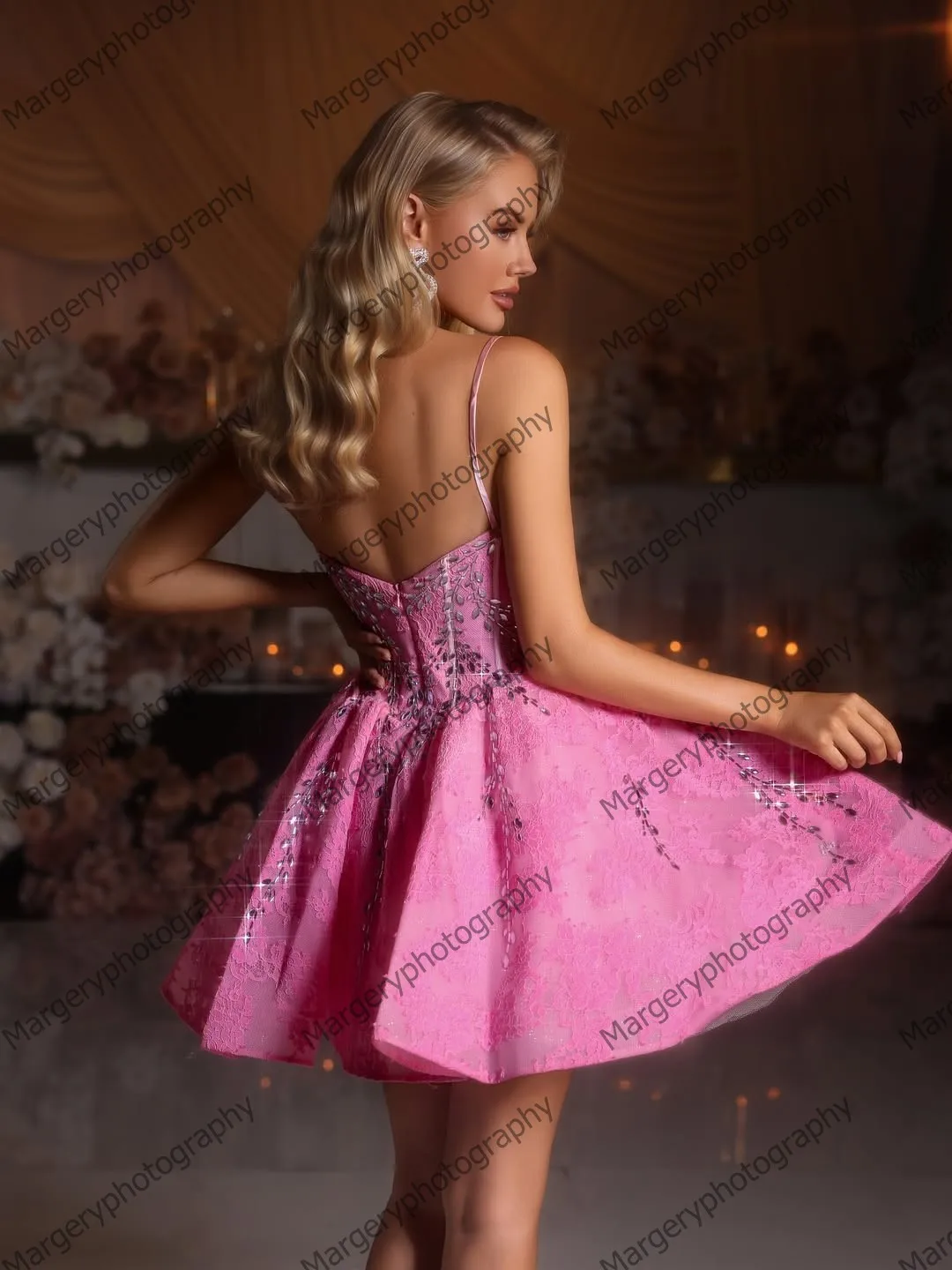 Pretty Strapless Lace Short Prom Dress with Sequins and Beading for Women's Formal Party Gowns Puffy Evening Prom Gowns