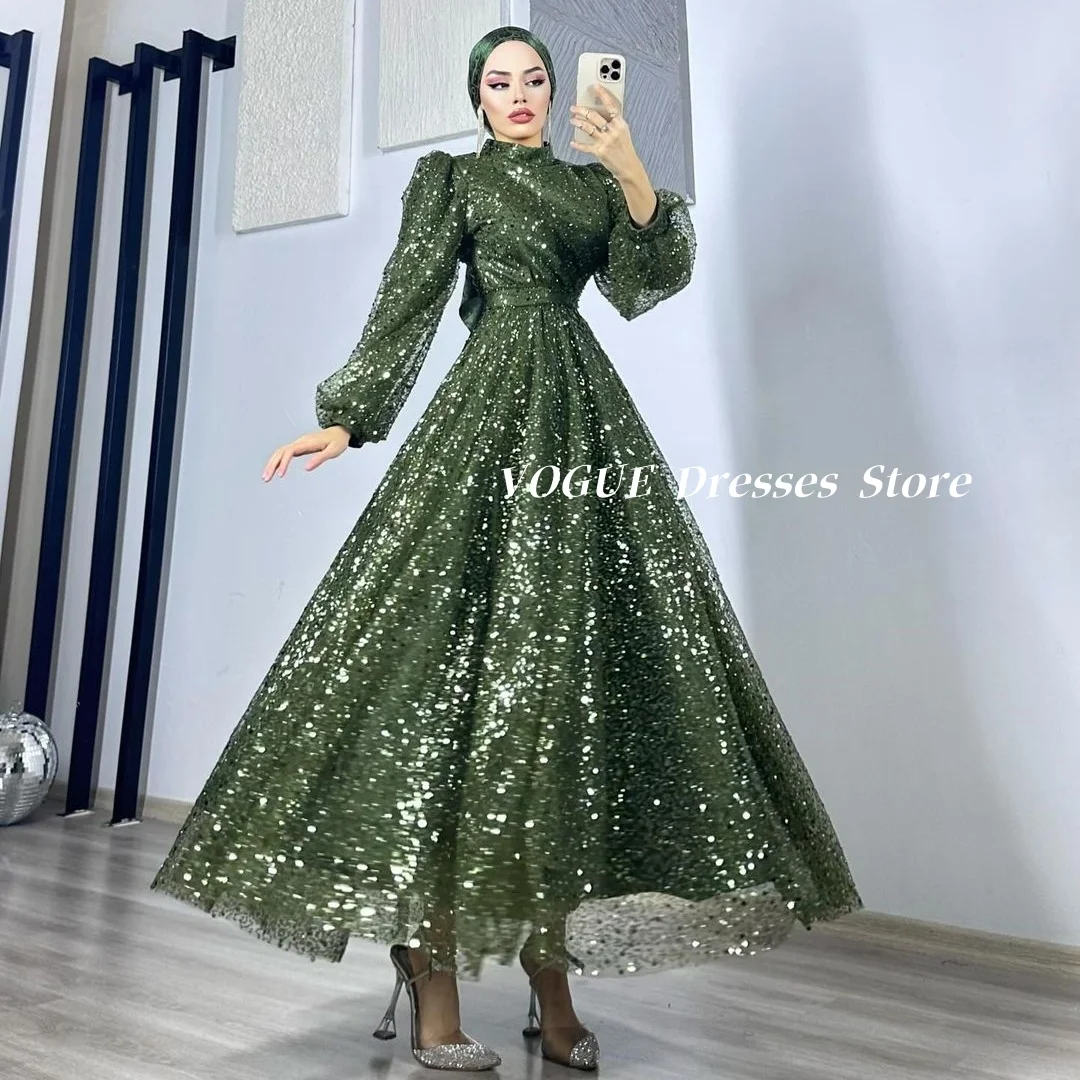 Shiny Sequins Prom Dresses High Neck Muslim Long Sleeve Evening Dresses فساتين للمناسبات الخاصة robes de soirée Customized