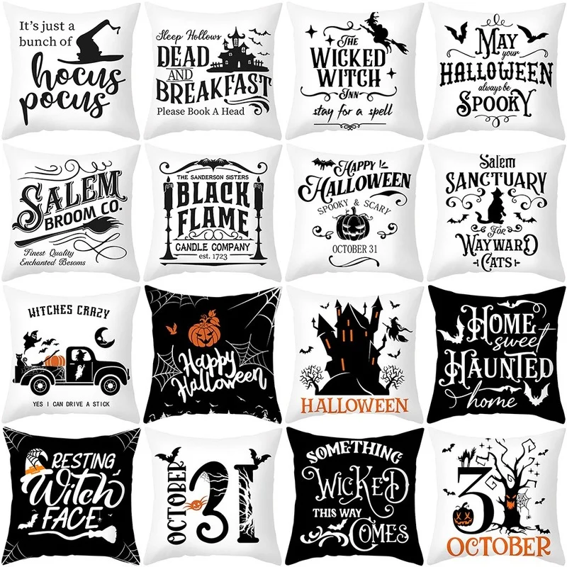 

2022 Halloween Decorative Pillow Cover Trick or Treat Farmhouse Home Decor Pillowcase Cobweb Black and White Cushion Cover 45x45