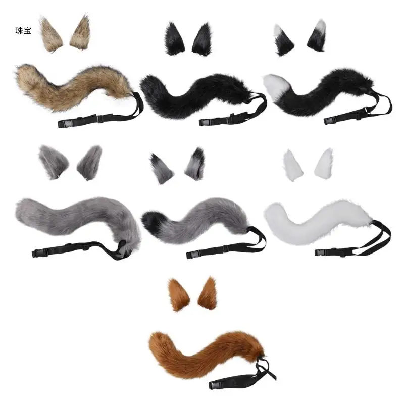 X5QE 3 Pcs Wolf Tail and Clip Ears Fancy Party Costume Accessories Kid Adult Cosplay Kitten Tail Foxes Ears Headpiece