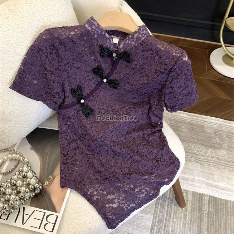 2025 new chinese style plate buckle lace hook flower short sleeve t-shirt women's summer irregular hollow out cheongsam top w906