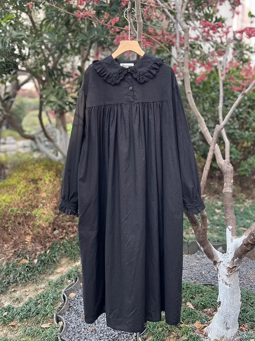 Saia Longa de Algodão Princ Sle, Solta e Oversized, Estilo A-Line, Camada Fina e Transparente, Gola de Boneca, Vestuário Casual
