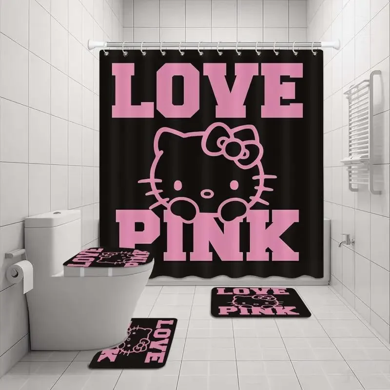 

Hello Kitty Shower Curtain Set Sanrio Anime Printing Water Proof Shower Curtain Four Piece Set Carpet Toilet Lid U-Shaped Pad