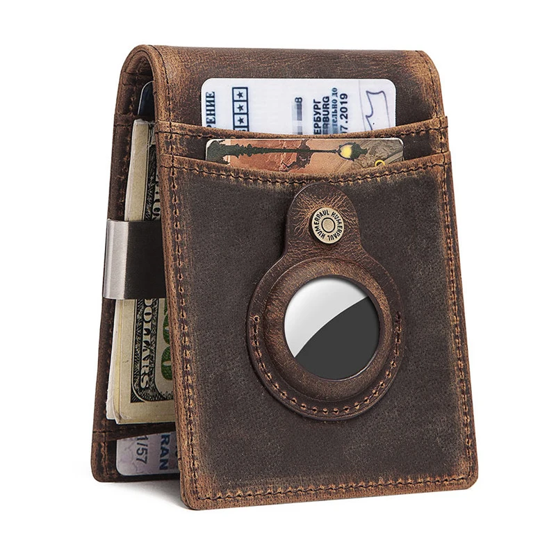 YKOSM Retro Luxury Genuine Leather Airtags Wallet RFID Blocking ID Credit Card Bag Business Men Cash Clip Anti-lost Card Holder