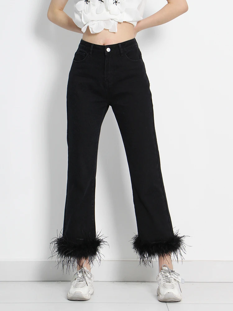 TWOTWINSTYLE Minimalist Black Pants For Women High Waist Solid Patchwork Feathers Trousers Female Korean Fashion Clothing Style