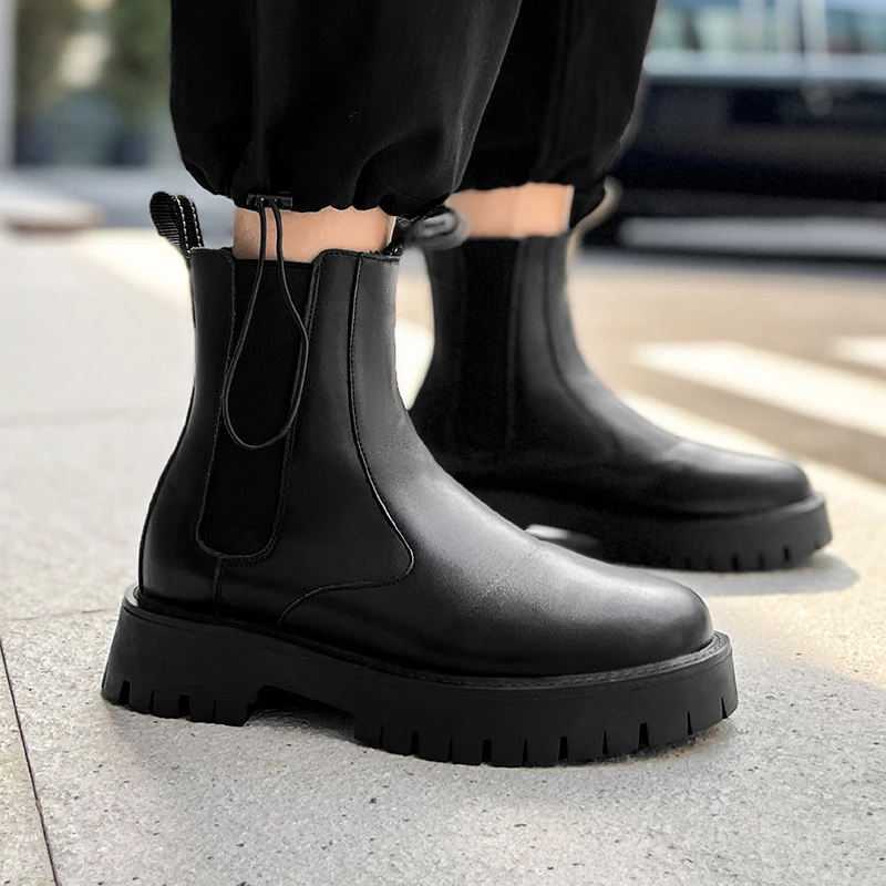 

Мужские модные ботинки «Челси» большого размера, черные трендовые оригинальные кожаные туфли, высокие ковбойские ботинки на платформе, красивые длинные мужские ботинки