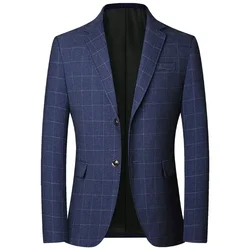 New Autumn Men Blue Plaid Blazers Jackets Formal Wear Suits Coats Business Jackets Male Slim Casual Blazers Jackets Size 4XL