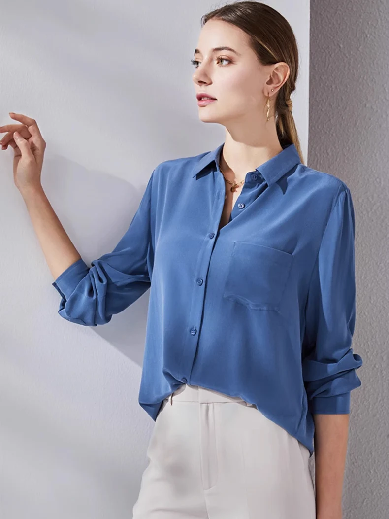 SuyaDream, Woman Solid Shirts, 100%Silk Crepe, Long Sleeved, Chest Pocket Chic Blue Blouses, 2024 Spring Summer Office Lady Top