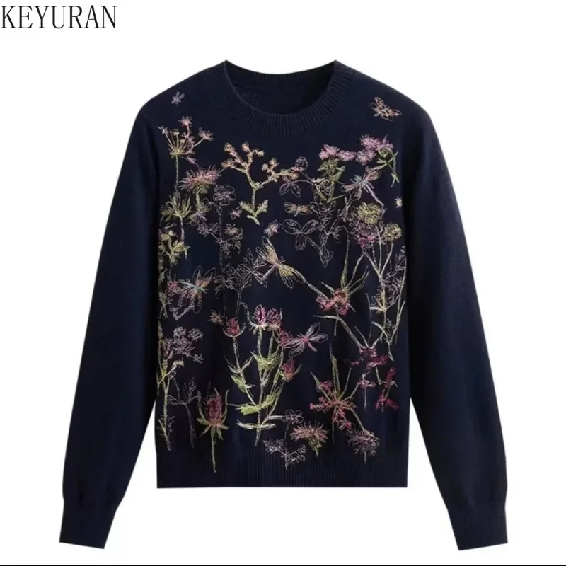 Flower Embroidery Pullovers Sweater Women 2024 Autumn Vintage O-Neck Long Sleeve Jumpers Ladies Chic Knitwear Tops Sueter Mujer