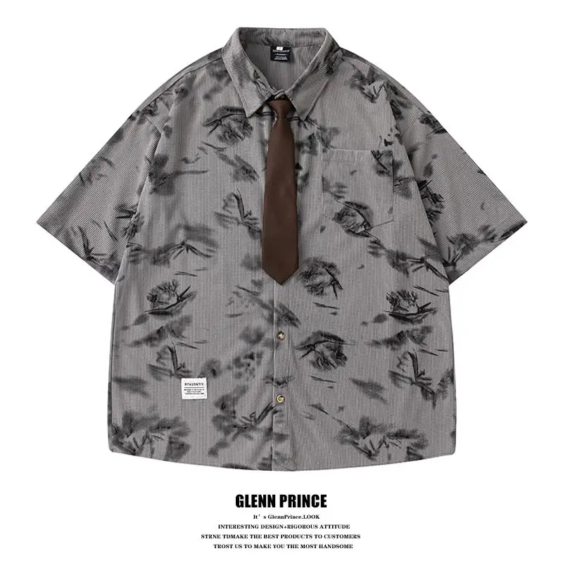 BEIANJI American retro floral full print short-sleeved shirt men's summer college style couple loose tie shirt