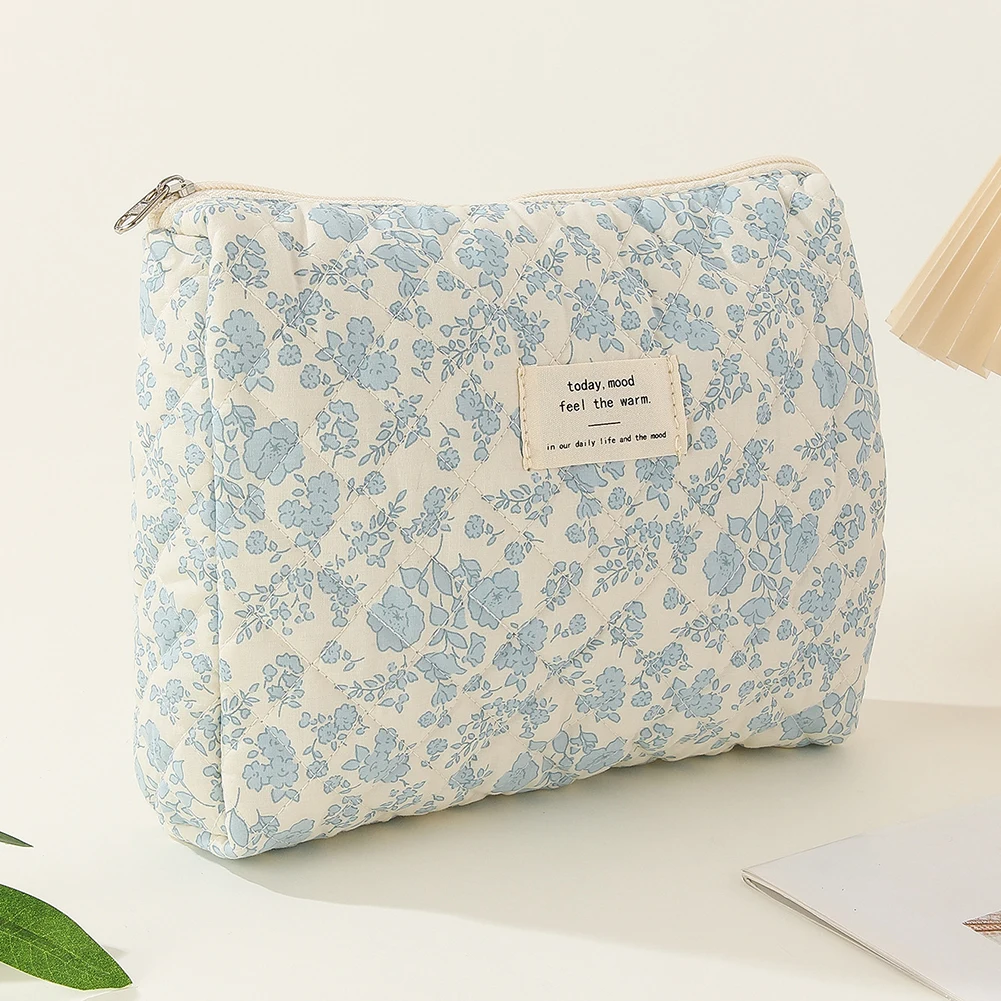 Women Floral Cosmetic Bag Printed Cotton Aesthetic Toiletry Purse Large Capacity Zipper Closure Female Travel Bag