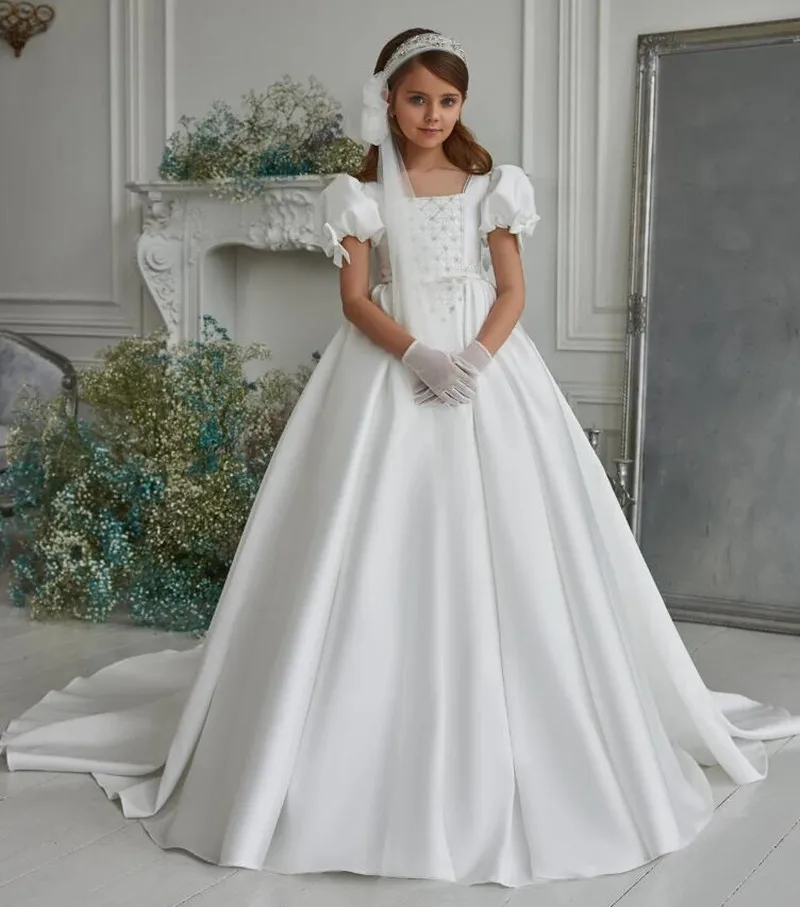 

New First Communion Dress for Girls Solid White Satin Sequins Short Sleeves Princess Flower Girl Dress Pageant Party Prom Gown