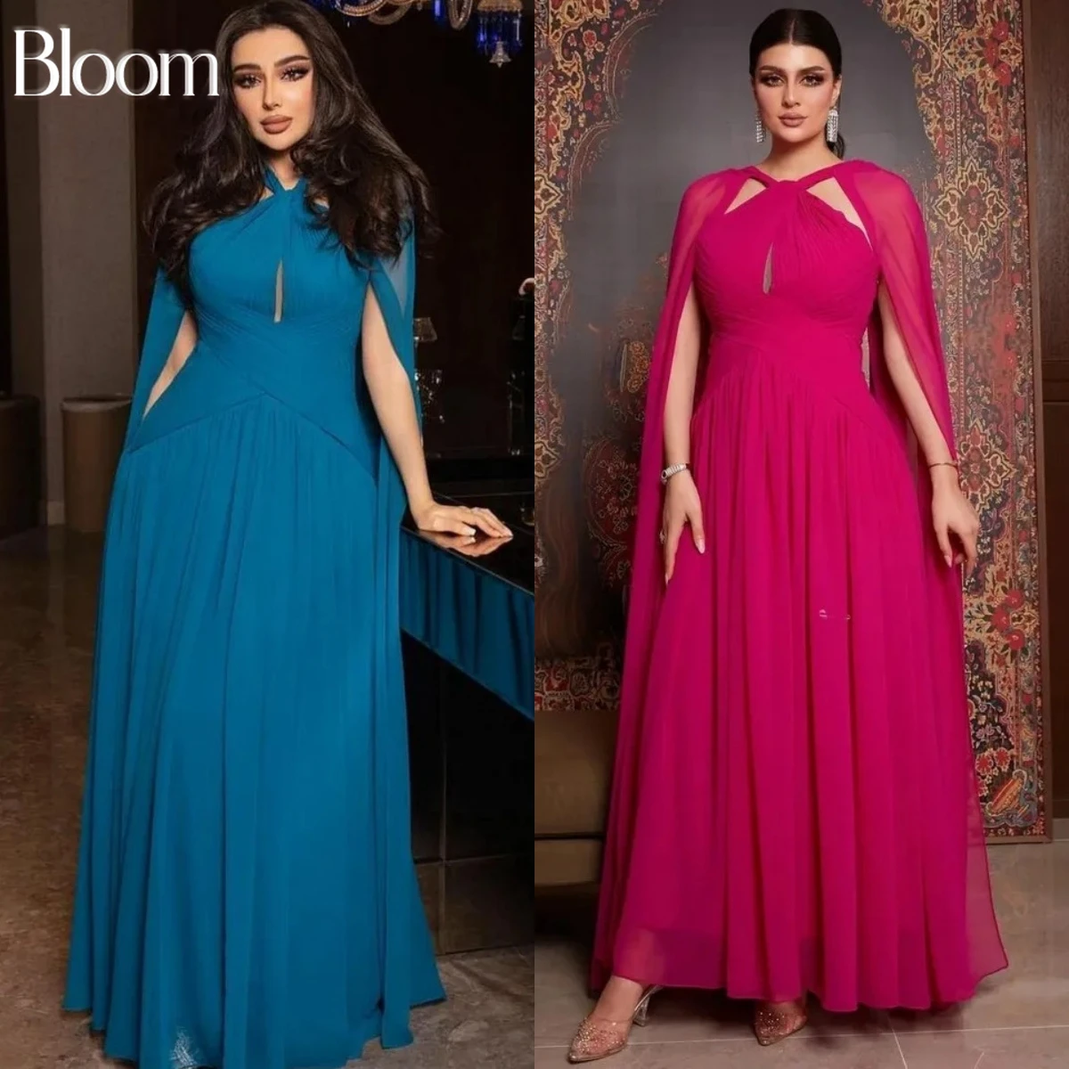 

Bloom Arabia Cloak Chiffon Prom Dresses Long Capped Sleeves Women Evening Gowns Ankle-Length Formal Special Occasion Party Dress