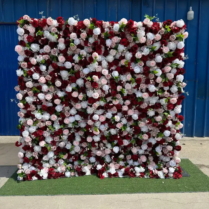 

3D red rose pink Rose white hydrangea and green leaf artificial plant flower wall wedding background decoration party layout