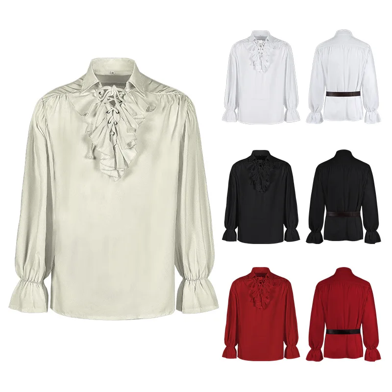 Medieval Long Sleeve Shirt Stand Collar Pleated Puffy Sleeve Top Drawstring Loose Fit Retro  Color Blouse COS Costume
