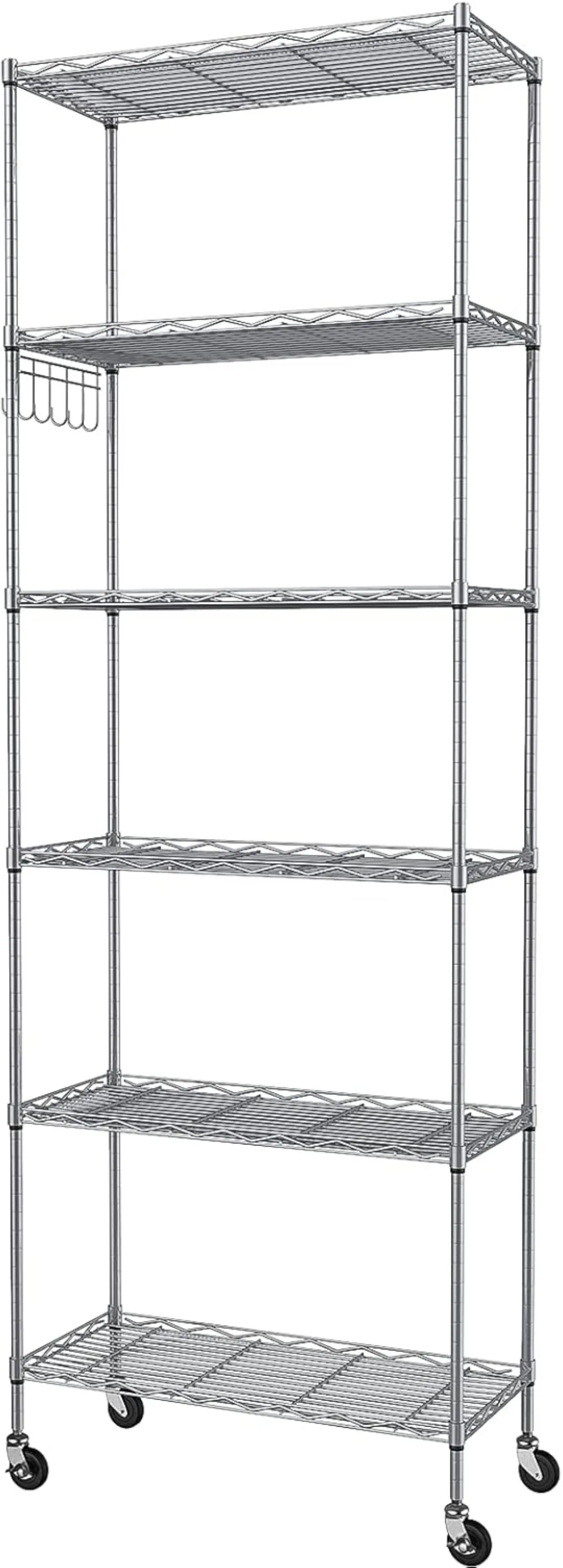 Estantería de almacenamiento de 6 niveles, estantería de alambre, organización de estante independiente con ruedas, ganchos laterales de acero inoxidable, gris plateado