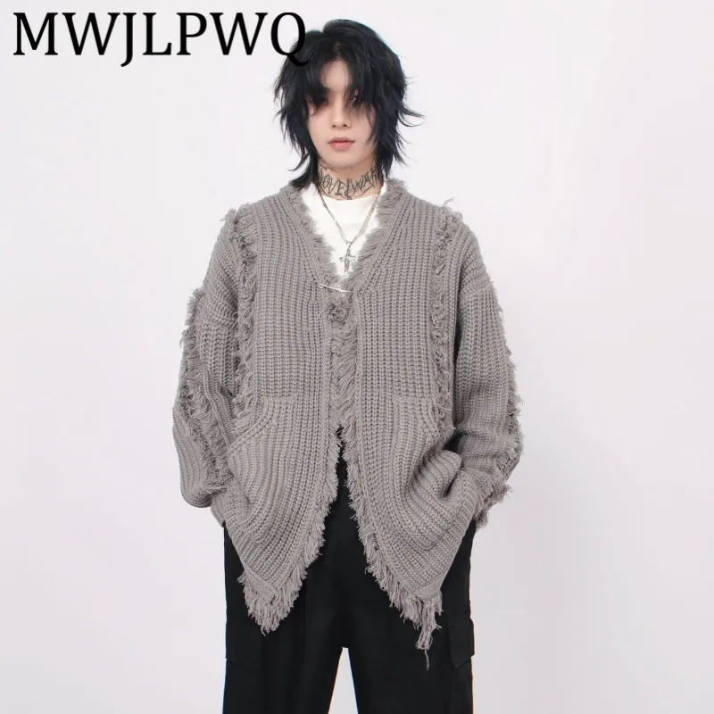 

MWJLPWQ нерегулярный трендовый дизайн с кисточками, кардиган, свитер для мужчин, американский уличный стиль, повседневные вязаные топы с грубыми краями, осень 21075.