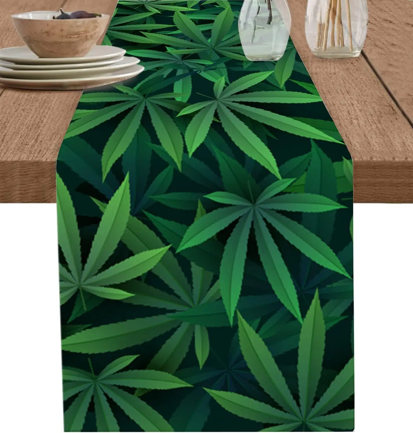 Spring Summer Green Leaves Linen Table Runner Dresser Scarves Table Decor Reusable Farmhouse Kitchen Table Runner Party Decor