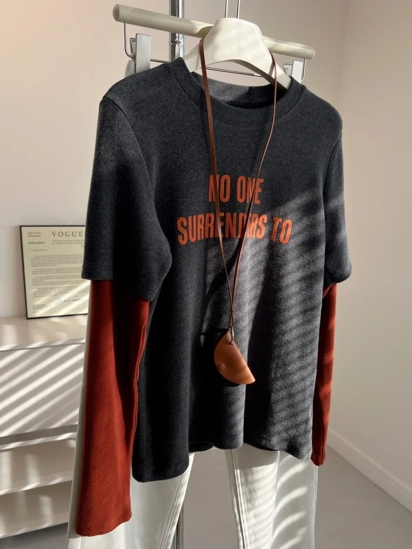 

Термофутболка большого размера с корейским принтом, длинным рукавом и круглым вырезом, для ранней весны, теплая, как нижний слой одежды