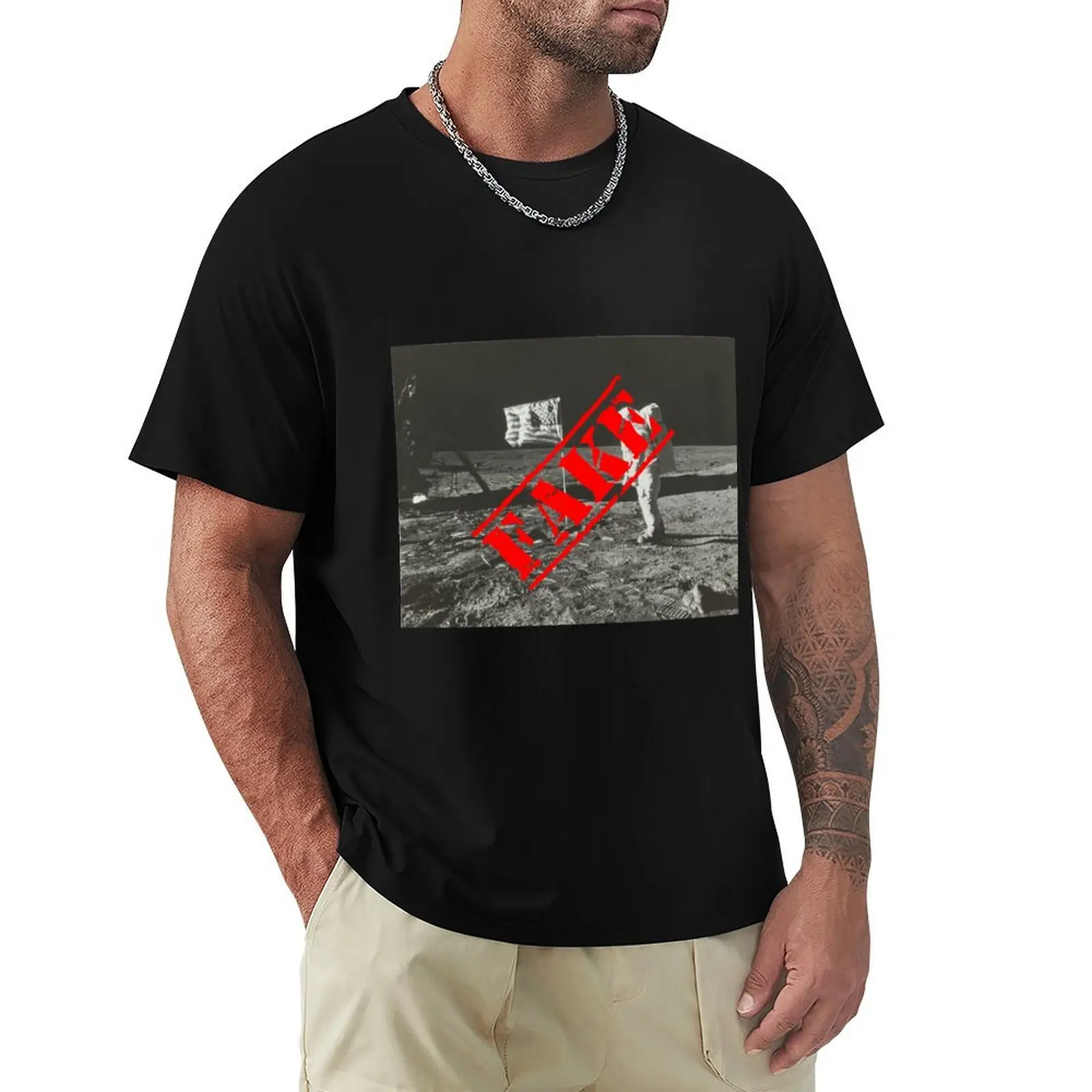 Fake Moon Landing: Buzz Aldrin on the Moon with American Flag T-Shirt Ultra Soft Breathable Tee Top