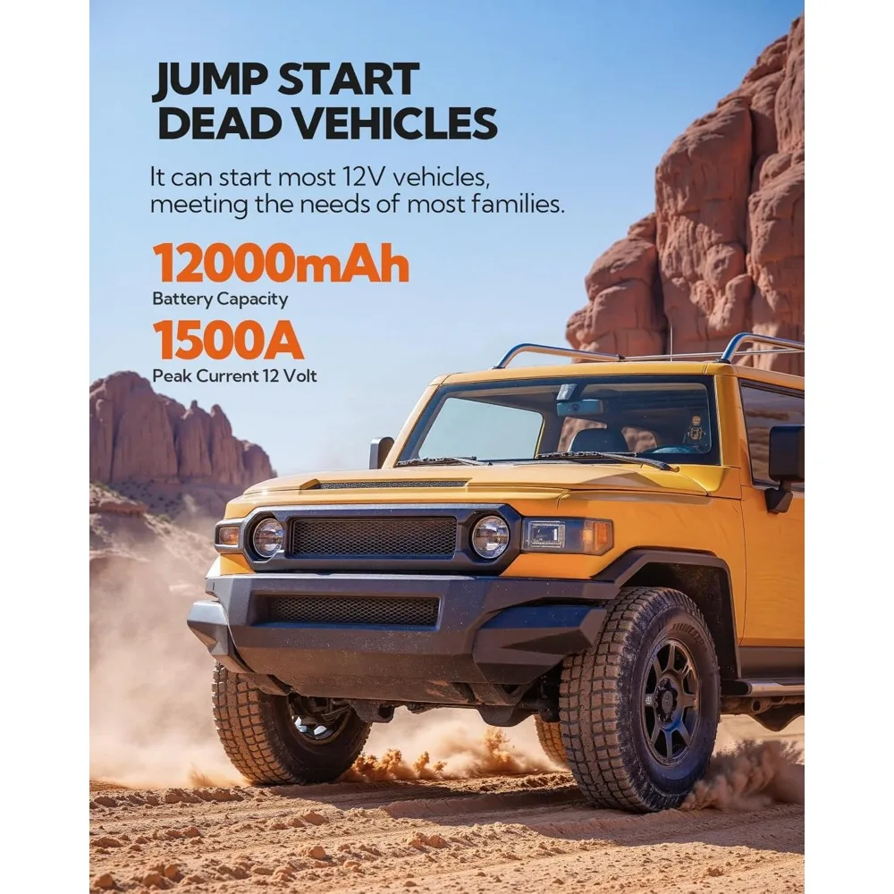 كاتب قفز بطارية السيارة، صندوق قفز بطارية 12000 مللي أمبير في الساعة، معزز قفز السيارة بقدرة 4.4 وات في الساعة مع كابلات قفز ذكية، سيارة طوارئ بإضاءة LED
