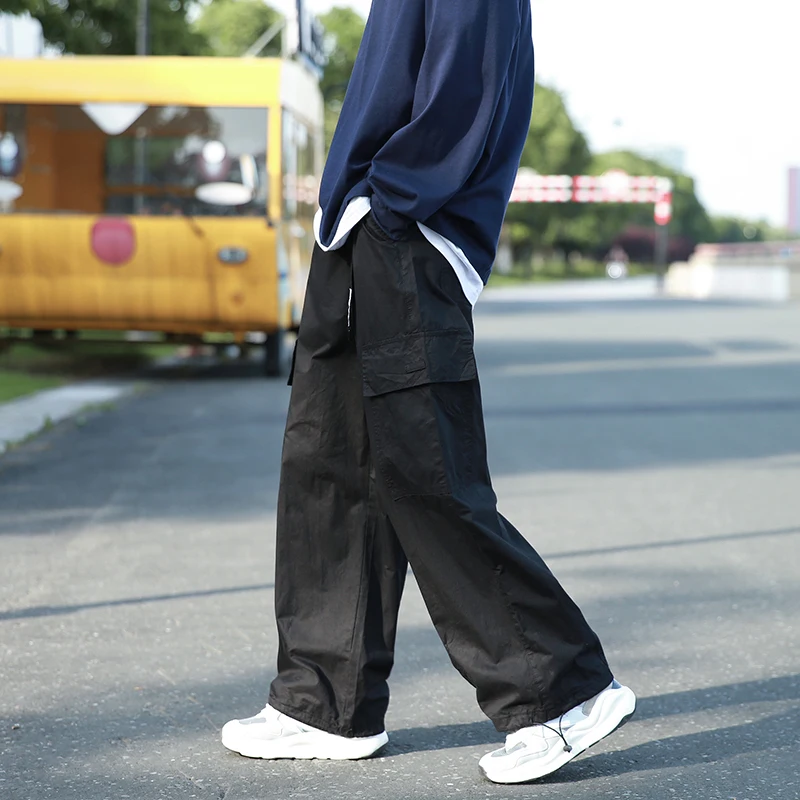 

Vintage Cargo Pants Men Fashion Streetwear Pockets Wide Leg Straight Y2k Casual Trousers Baggy Drawstring Overalls Black/Gray