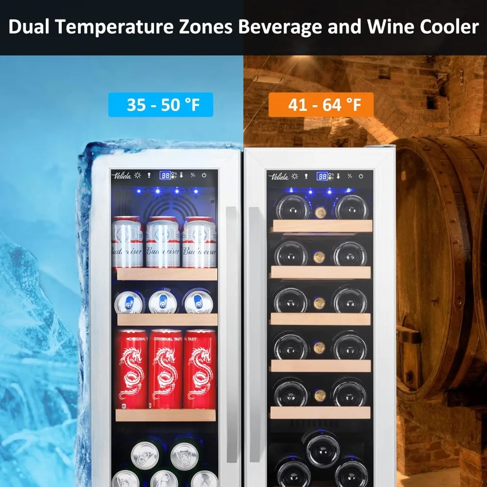 Wine and Beverage Refrigerator, 24 Inch Dual Zone Fridge with Glass Door, Built-In Cooler with Powerful