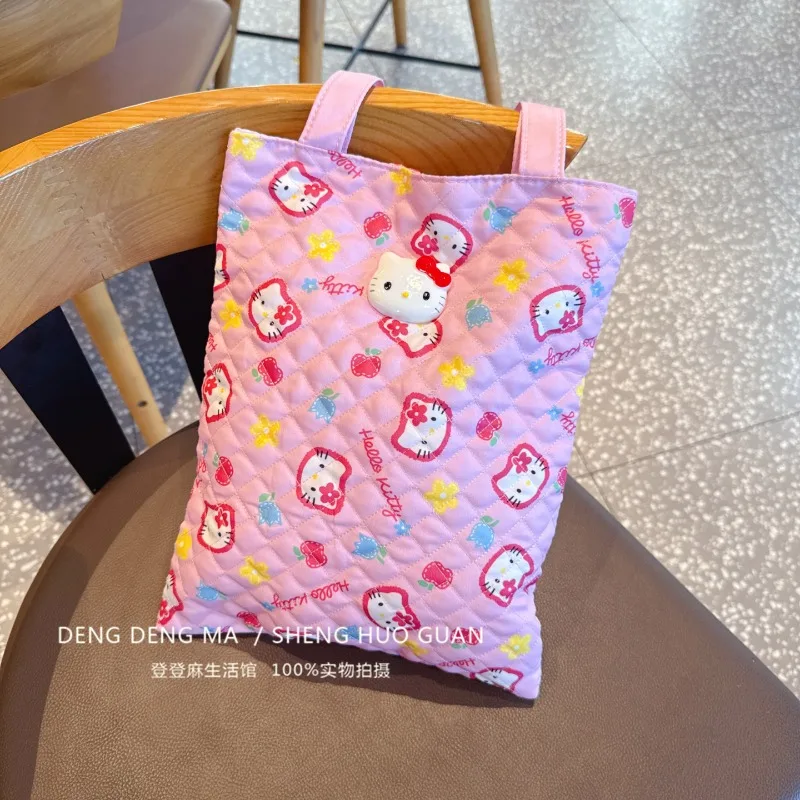 

Cute Pink HelloKittys Tote Shoulder Bag Cartoon Print Cherry Plaid Pattern Large Capacity Womens Commuter Handbag Daily Storage