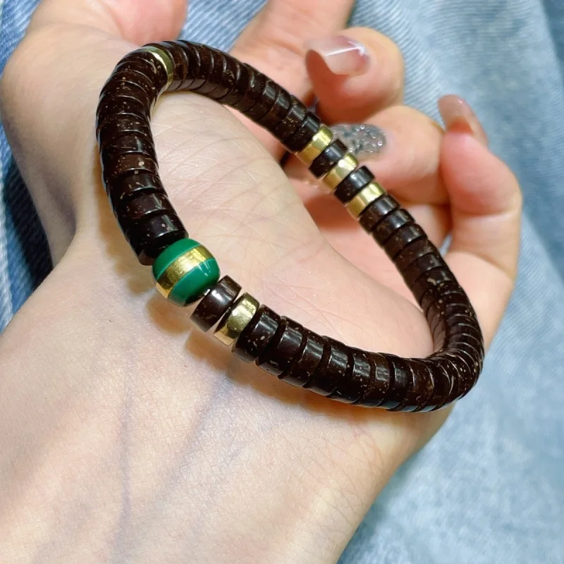 Indonesian coconut shell bracelet, natural raw beads, straight cut, single loop, black gold original color, handmade, unisex Bud