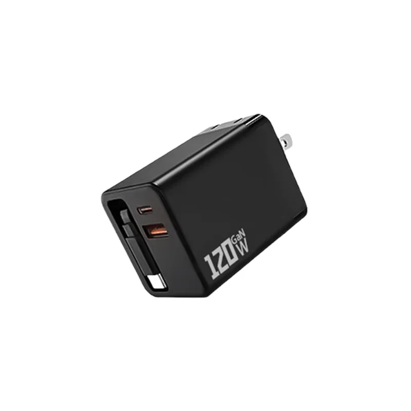 3-in-1 120W GaN-Ladegerät USB Typ C Schnellladegerät mit einziehbarem USB-C-Kabel und Netzstecker für iPhone und Huawei