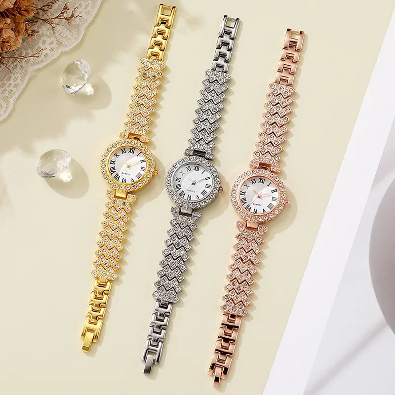 Fashion Starry Sky Diamond Women Stainless Steel Gold Color Quartz Watch & Diamond Bracelet
