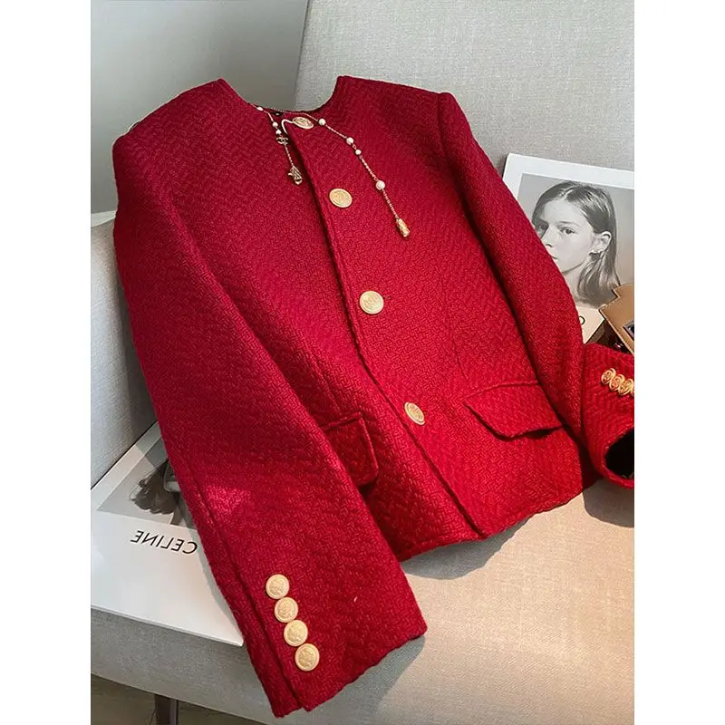 Spring 2022 New French Red Chic Style Jacket for Women Designer Unique Petite Short Top Female Office Lady Coat High Quality