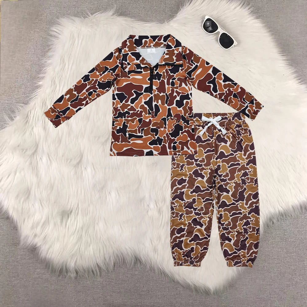 

Baby Boys Brown Camouflage Long Sleeve Zip Pullover Top with Pockets for Hunting Outfit