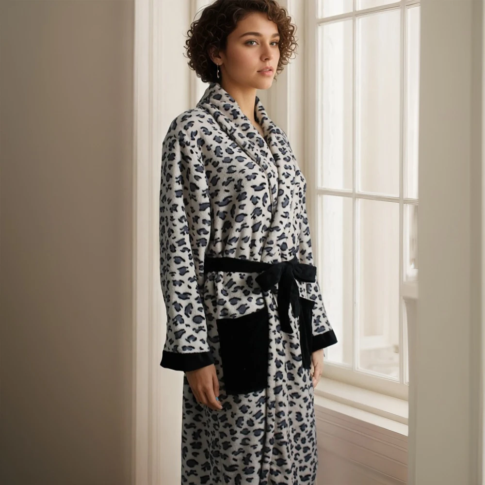 Picture 7: Luxury Coral Velvet  Bathrobe with Leopard Print , Plush Spa Robe with Two Pockets, Modern Design, Absorbent Fabric, for women