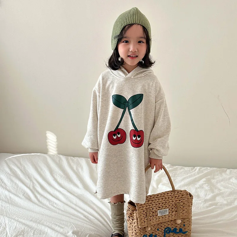 18M-8Y Girls Dress Cherry New Spring Children Clothes Casual Sports Girls Print Hoodie Street Cartoon Sweater Dress Children