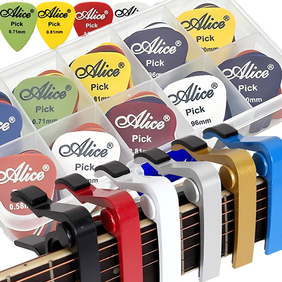 30 púas de guitarra con caja de almacenamiento y capo de aleación, púas de grosor variado para ukelele, bajo y accesorios de instrumentos musicales